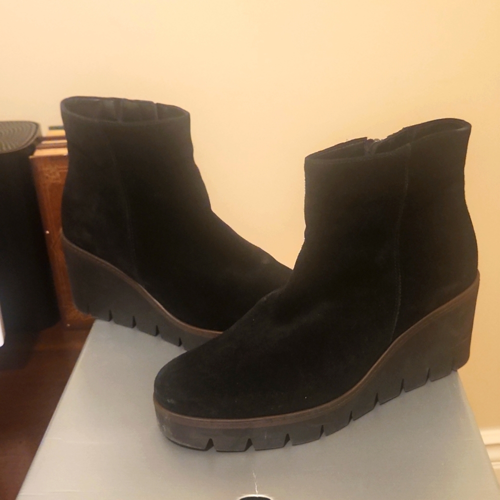 Black suede low boots.  Great grip soles.